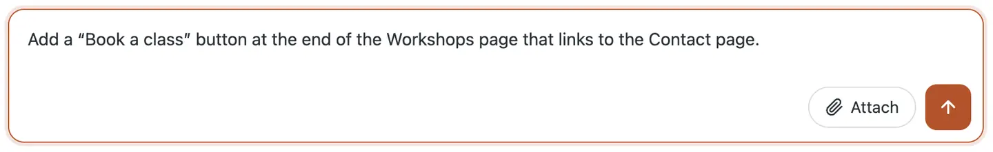 The CMSHands chat box in the WP dashboard, with the request typed in: add a Book a class button to the Workshops page