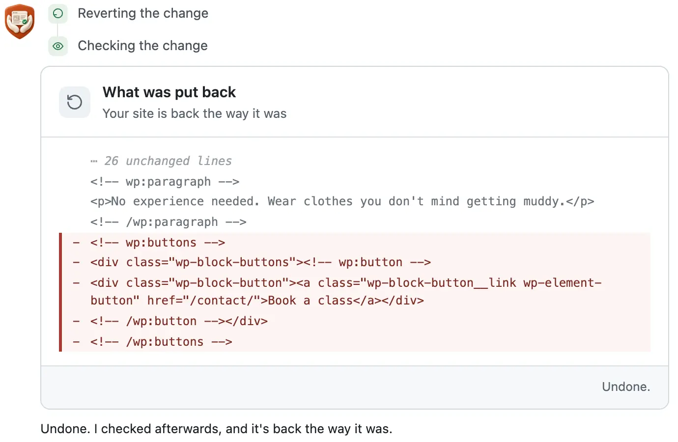 After Undo: a What was put back card with the five button lines in red, then its check sentence