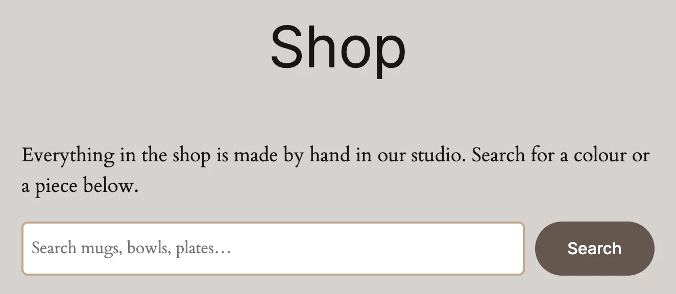 The Shop page on the test site right after, seen by a visitor: the search field with its new light brown, rounded border