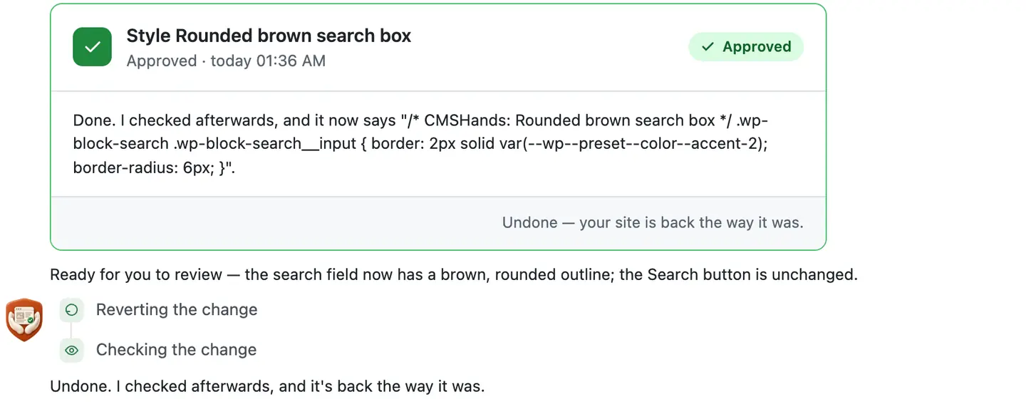 After Undo: the card's foot says the site is back the way it was, under the Reverting and Checking steps