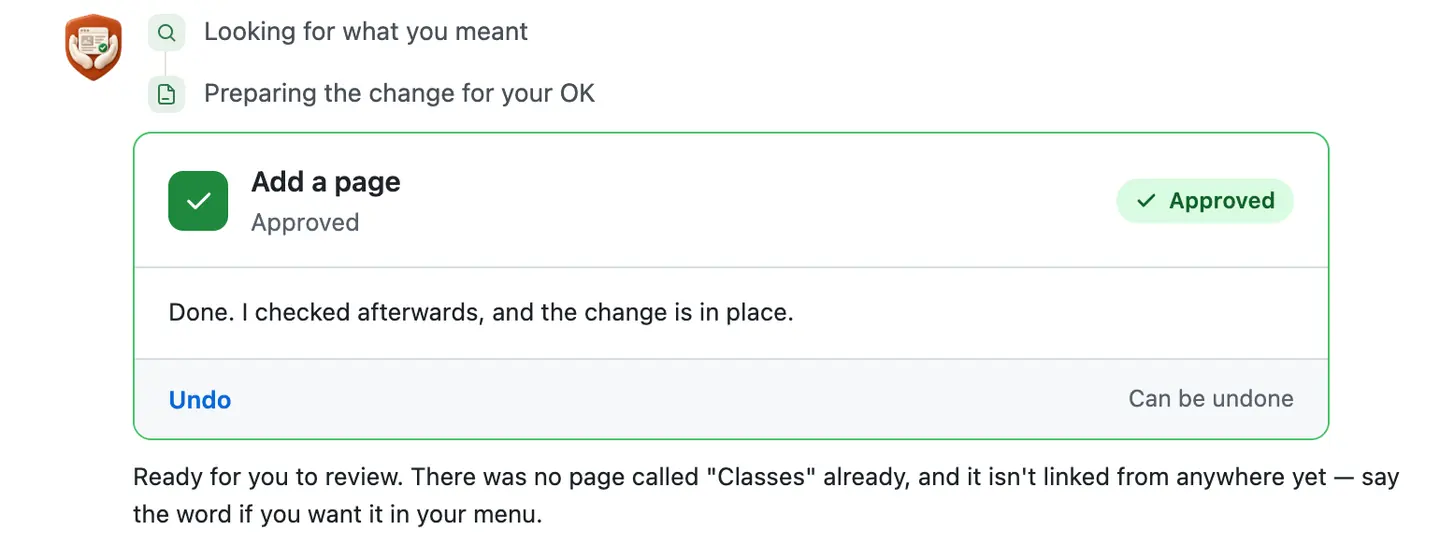 The card after the press: green and Approved, with the sentence it wrote after checking, and an Undo link