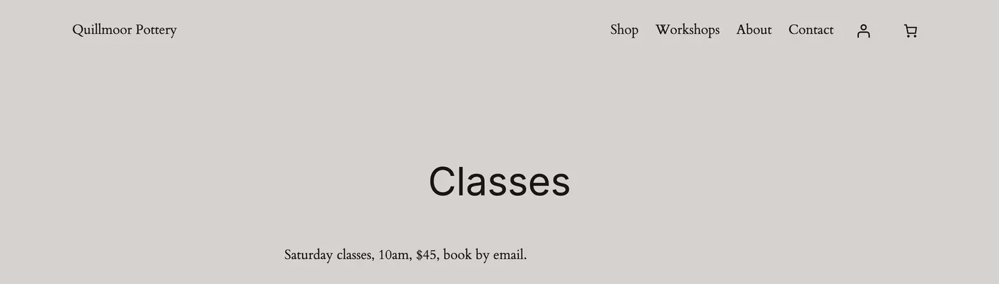 The new Classes page on the test site: its title and one line, Saturday classes, 10am, $45, book by email
