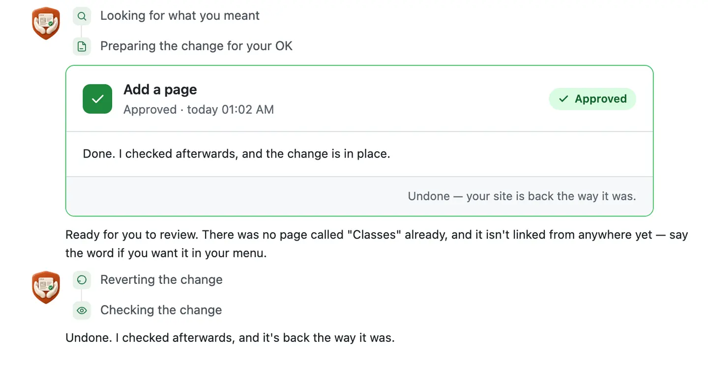 After Undo: the card now says Undone, your site is back the way it was, above the check sentence