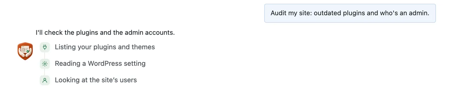 The question in the chat, its first line, then the three things it read: plugins and themes, one setting, the users