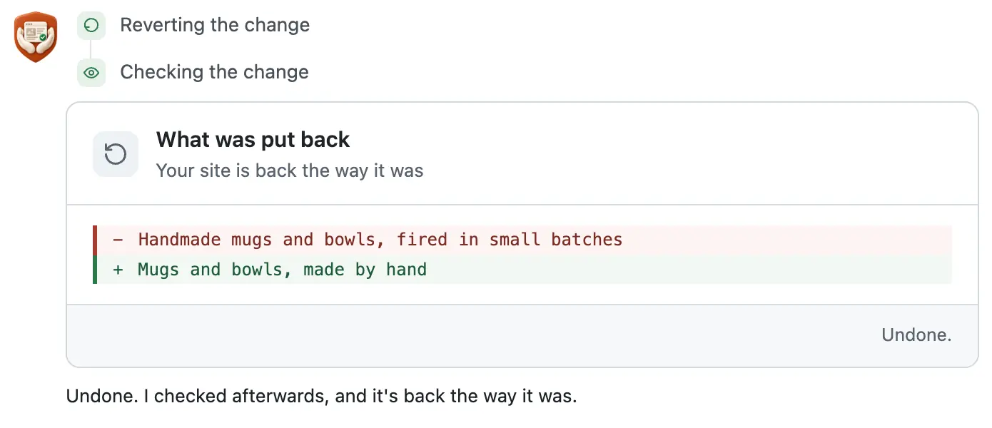 After Undo: a What was put back card, the new tagline in red and the old one in green, then its check sentence