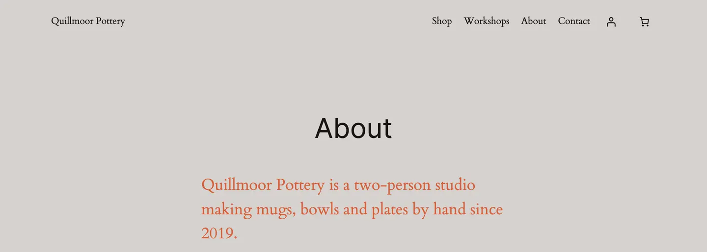 The About page on the test site right after, seen by a visitor: the first paragraph now orange and in the larger size