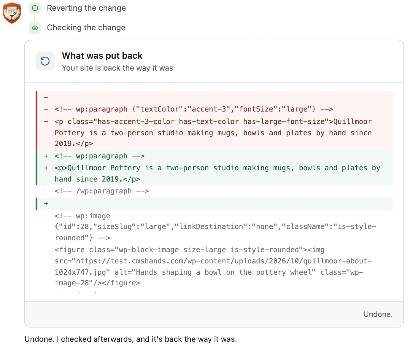 After Undo: a What was put back card, the orange, large paragraph in red and the original one in green
