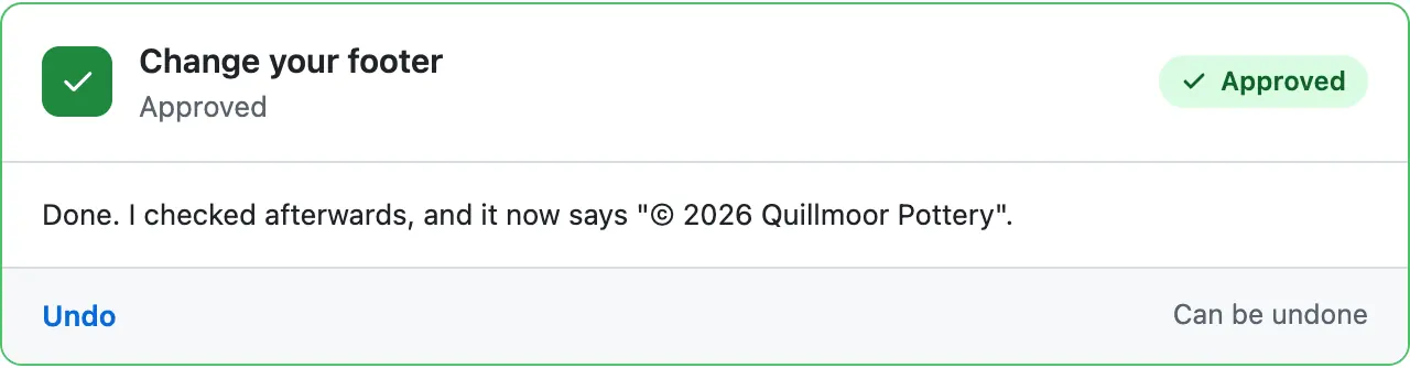 The same card after the press: green and Approved, with the sentence it wrote after checking, and an Undo link