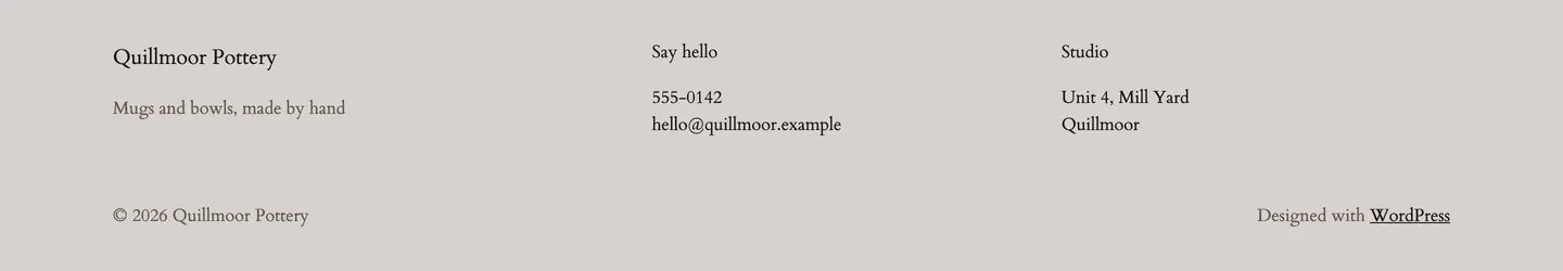 The test site's footer after the change, logged out: © 2026 Quillmoor Pottery at the bottom left