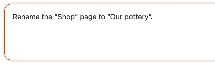 The CMSHands chat box in the WP dashboard, with the owner's request typed in: rename the Shop page to Our pottery