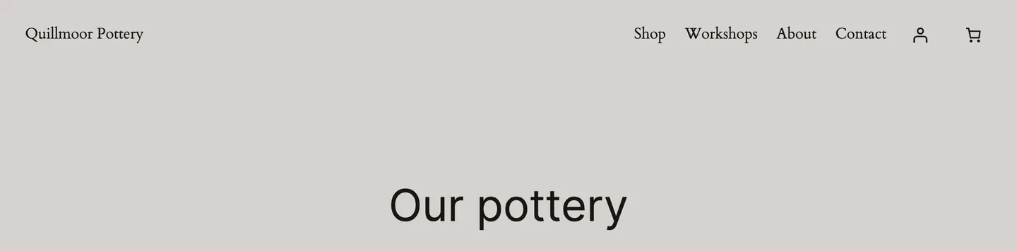 The test site's Shop page right after: its title now reads Our pottery, while the menu at the top still says Shop