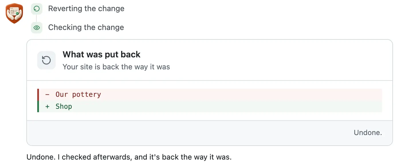 After Undo: a What was put back card, Our pottery in red and Shop in green, then its check sentence