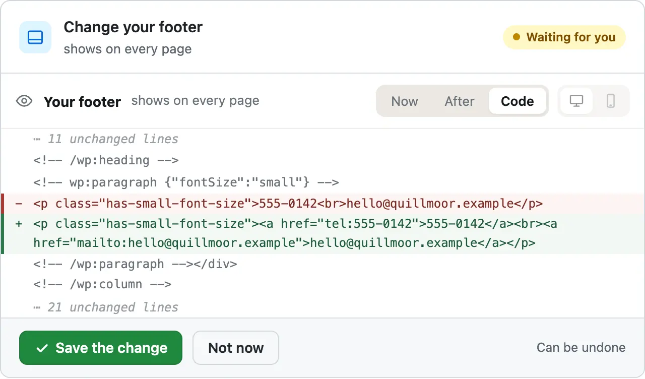 The card's Code view: the plain line in red, the new line in green with tel: and mailto: links