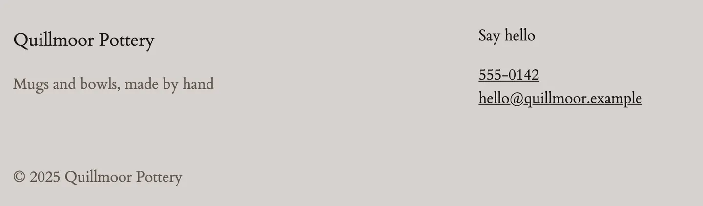 The test site's footer after the change, logged out: 555-0142 and hello@quillmoor.example underlined as links