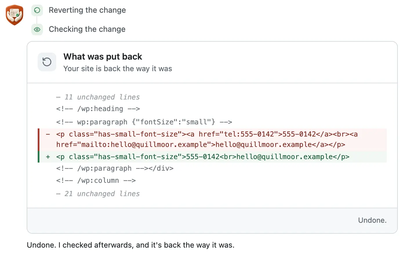 After Undo: a What was put back card, the linked line in red and the plain line in green, then its check sentence