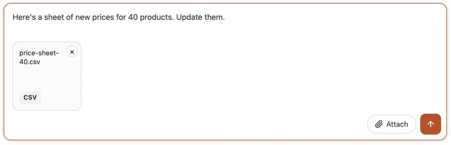 The chat box in the WP dashboard with the request typed in and price-sheet-40.csv attached