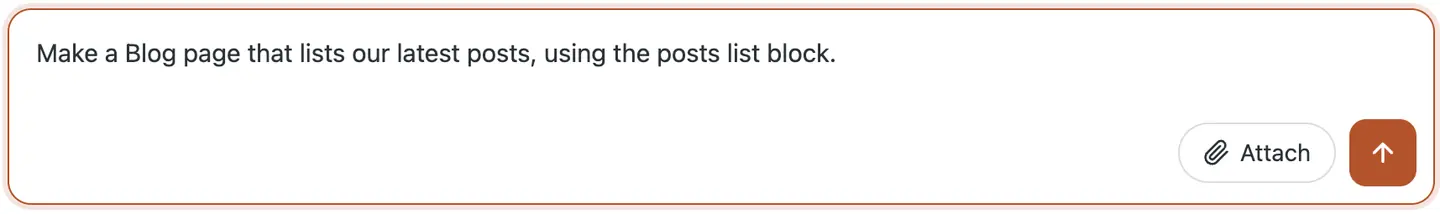 The CMSHands chat box in the WP dashboard, with the request typed in: make a Blog page that lists our latest posts