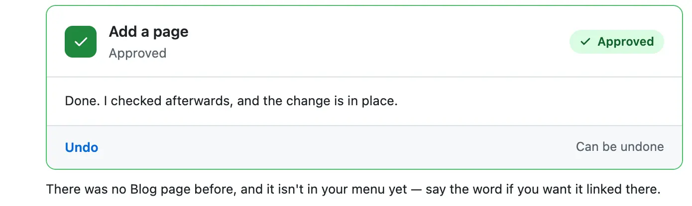 The card after the press: green and Approved, with the sentence it wrote after checking, and an Undo link