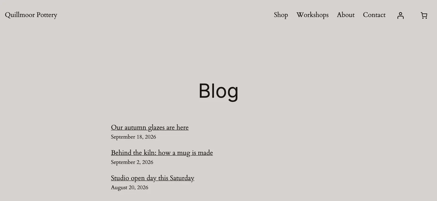 The new Blog page on the test site right after: the three latest posts as links, each with its date