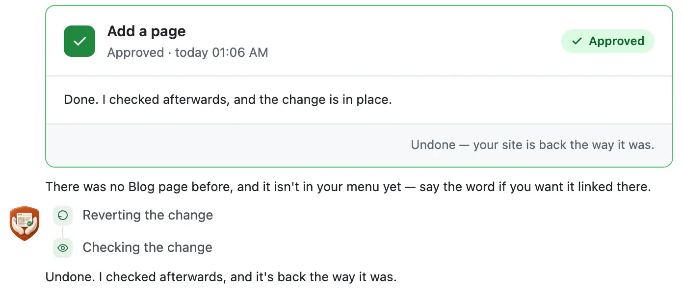 After Undo: the card's foot says Undone, your site is back the way it was, then its steps and its check sentence