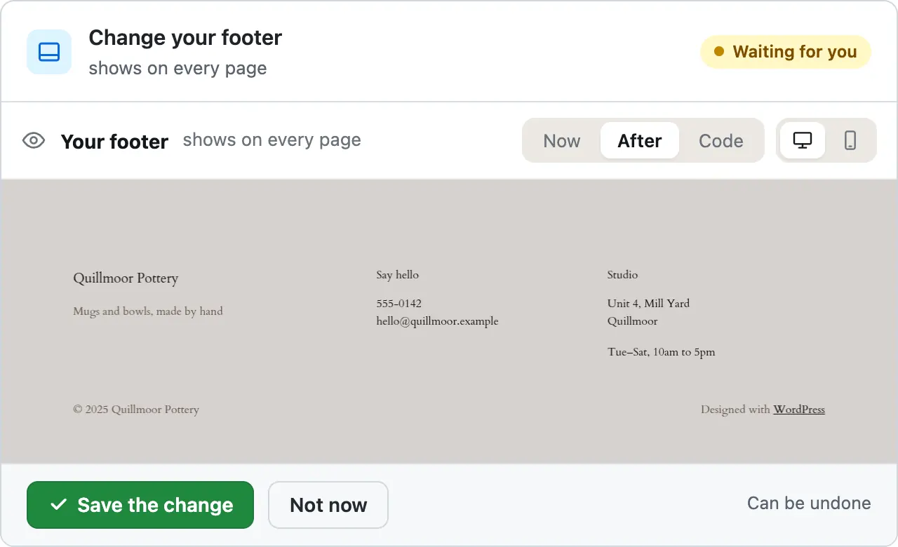 The card before anything changed: a picture of the footer with Tue–Sat, 10am to 5pm under the studio address