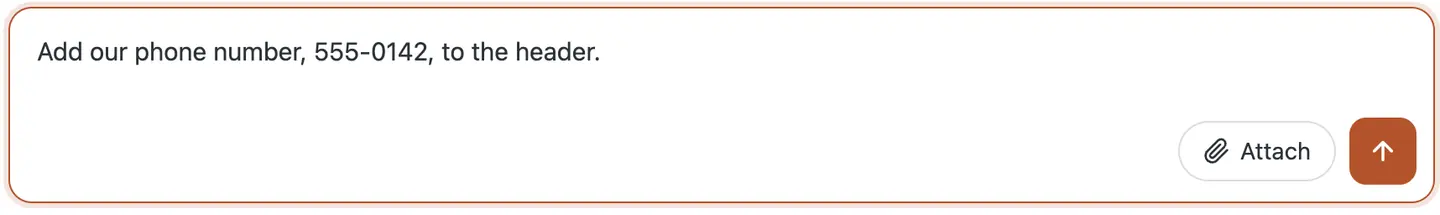 The chat box in the WP dashboard with the request typed in: add our phone number, 555-0142, to the header