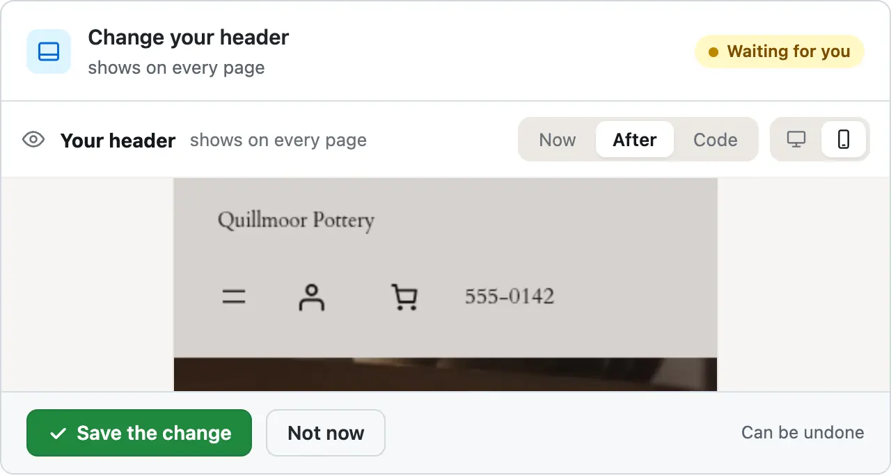 The same card on a phone: the site name on the first row, then the menu, cart and 555-0142 on the second