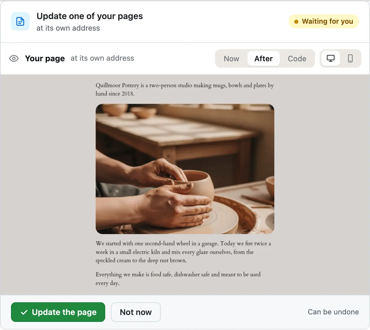 The card as it opens, After pressed: the About page as it would look, first line ending since 2018, above Update the page