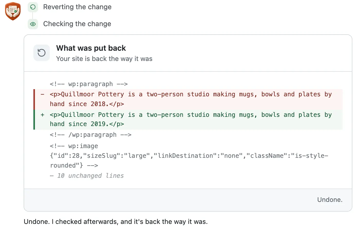 After Undo: a What was put back card, the 2018 sentence in red and the 2019 one in green, then its check sentence