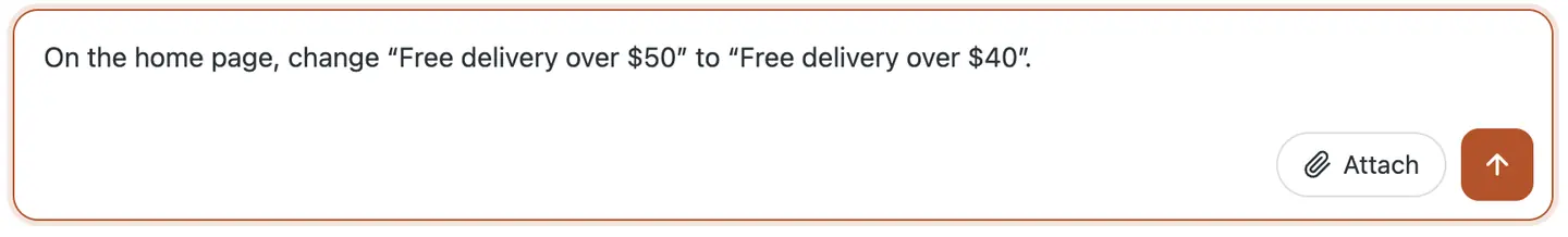 The CMSHands chat box in the WP dashboard, with the owner's request typed in: change the delivery price on the home page
