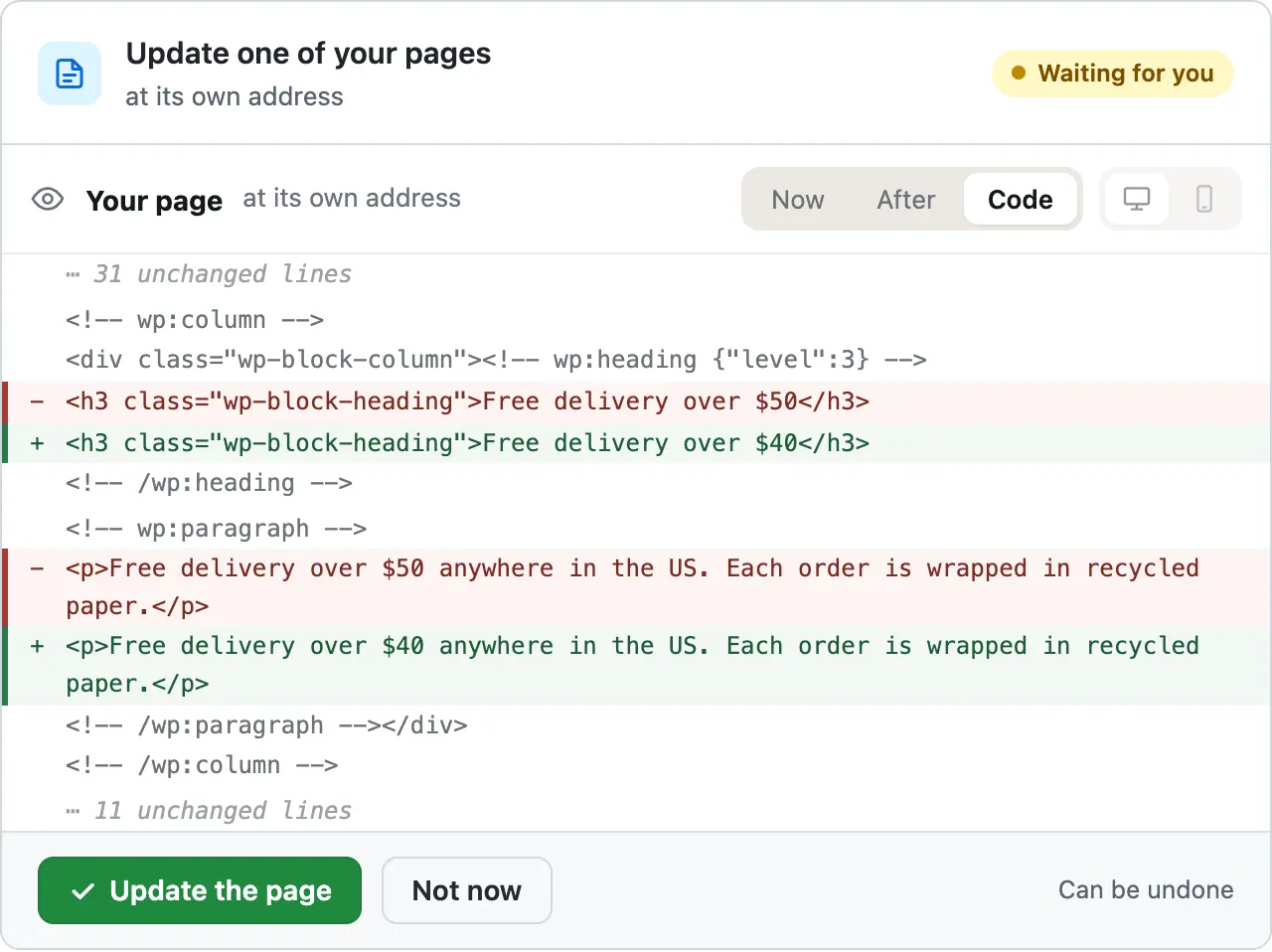 The same card on its Code tab: the heading and the line under it, old price in red, new price in green