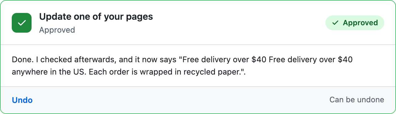 The card after the press: green and Approved, with the sentence it wrote after checking, and an Undo link