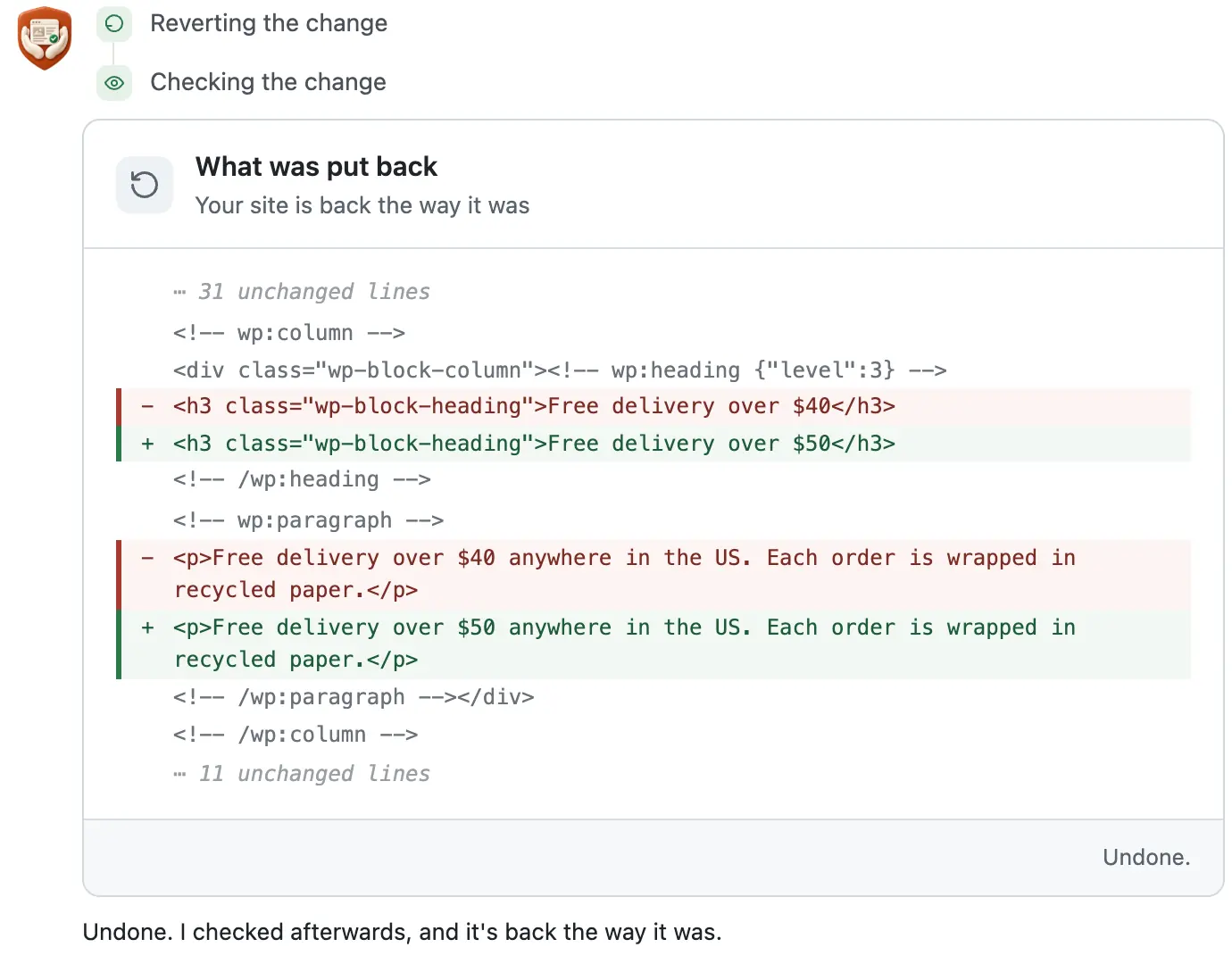 After Undo: a What was put back card, the $40 lines in red and the $50 lines in green, then its check sentence
