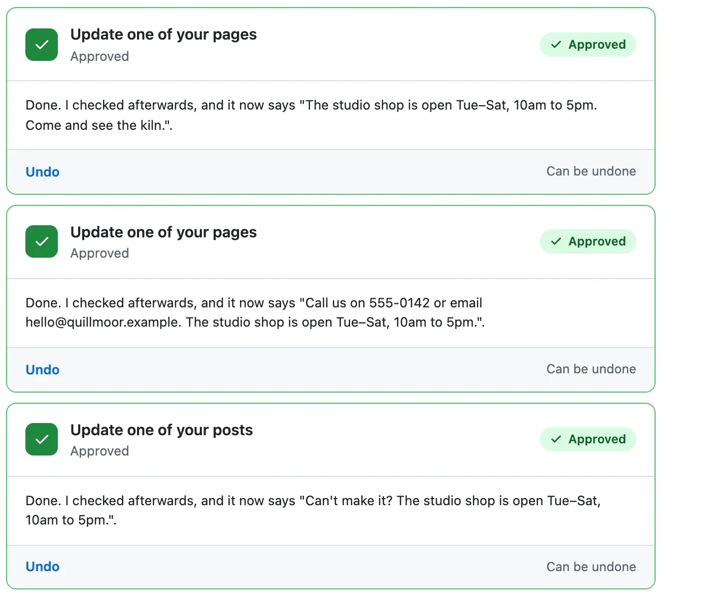 Three green Approved cards, each with the sentence it now says after checking, all with Tue–Sat, and an Undo link