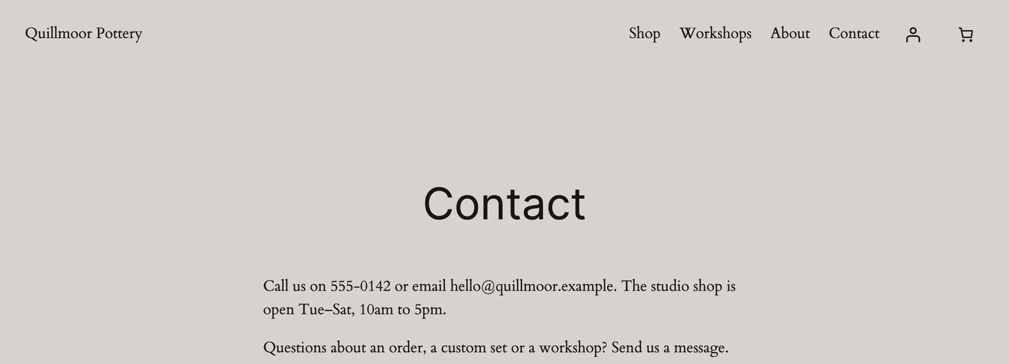 The Contact page on the test site right after: the studio shop is open Tue–Sat, 10am to 5pm