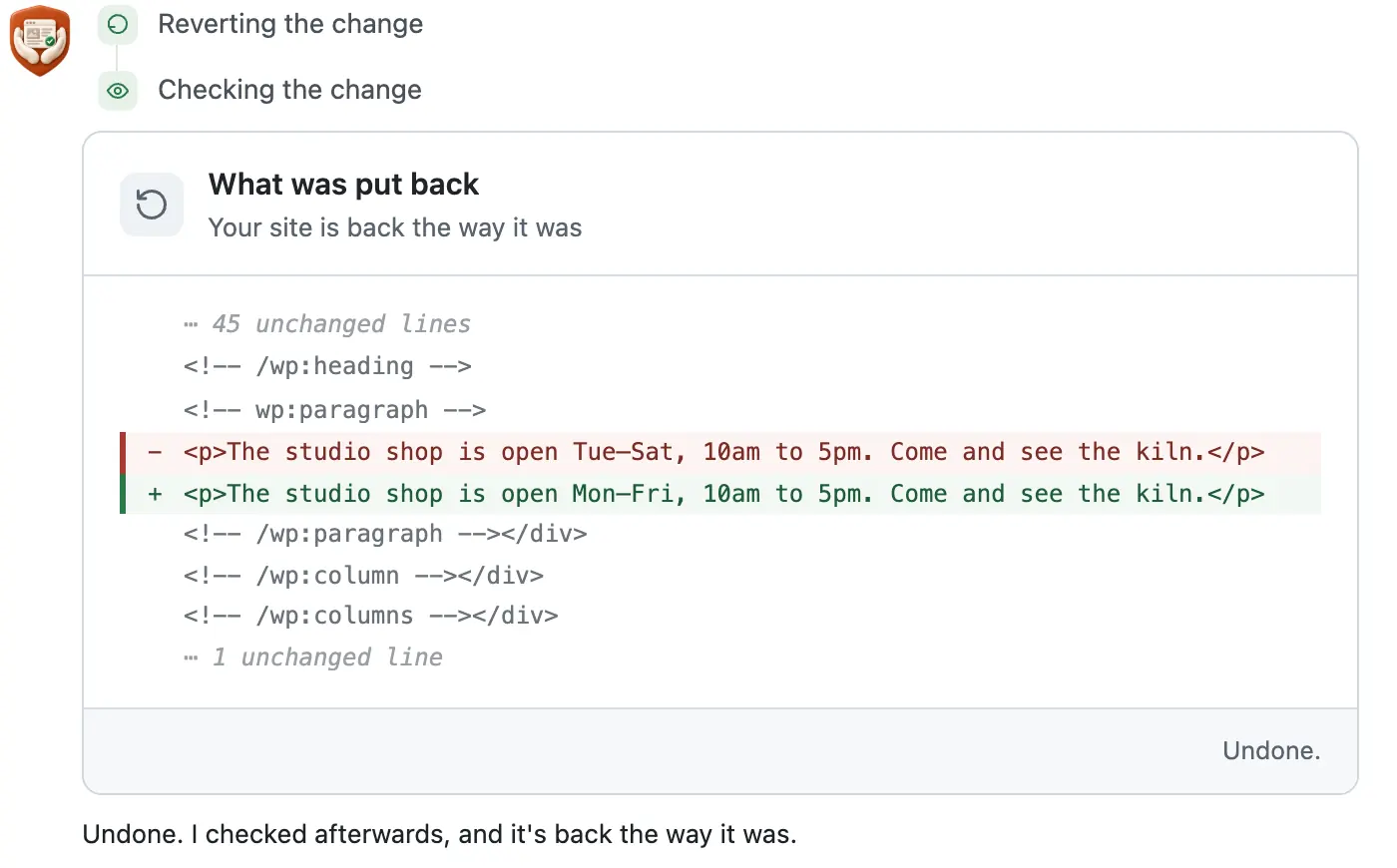 After Undo on the home page card: a What was put back card, Tue–Sat in red and Mon–Fri back in green