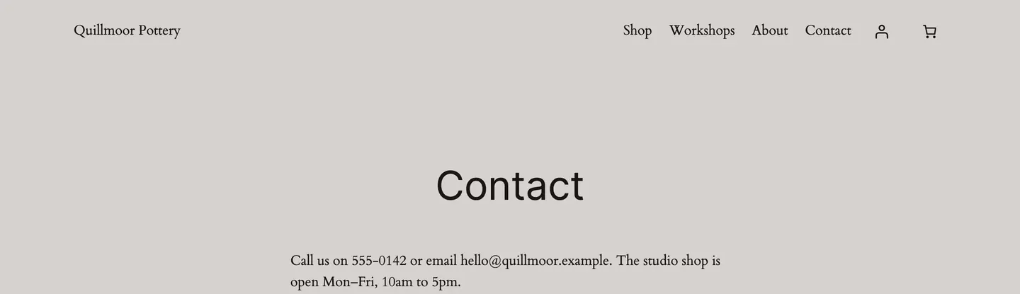 The test site's Contact page before: a big Contact heading above the phone number and opening hours