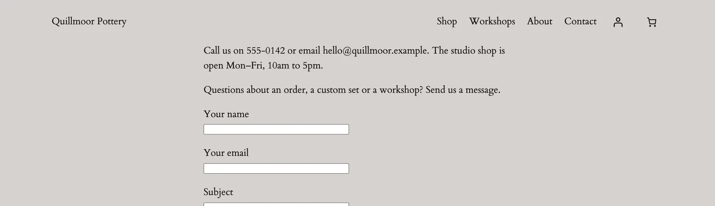 The test site's Contact page right after: no Contact heading, the phone number and the form start under the menu