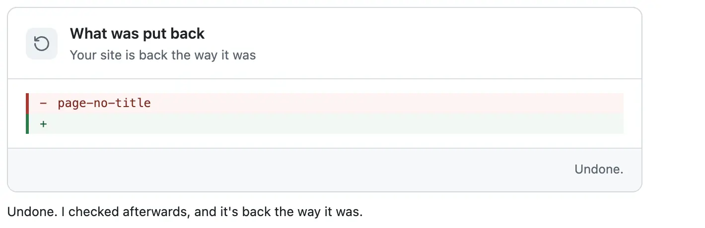 After Undo: a What was put back card, page-no-title in red, then its check sentence