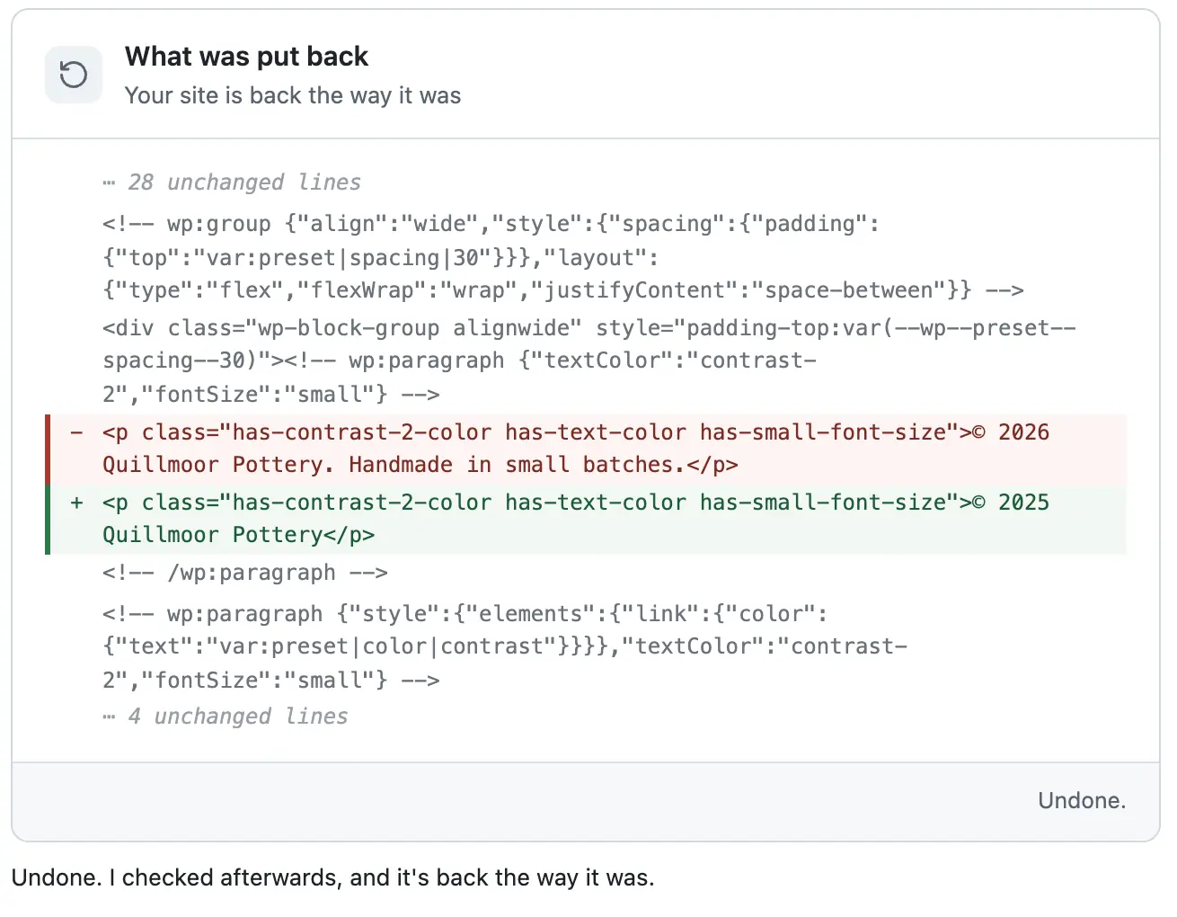 After Undo: a What was put back card with the new line in red and the 2025 line in green, then its check sentence
