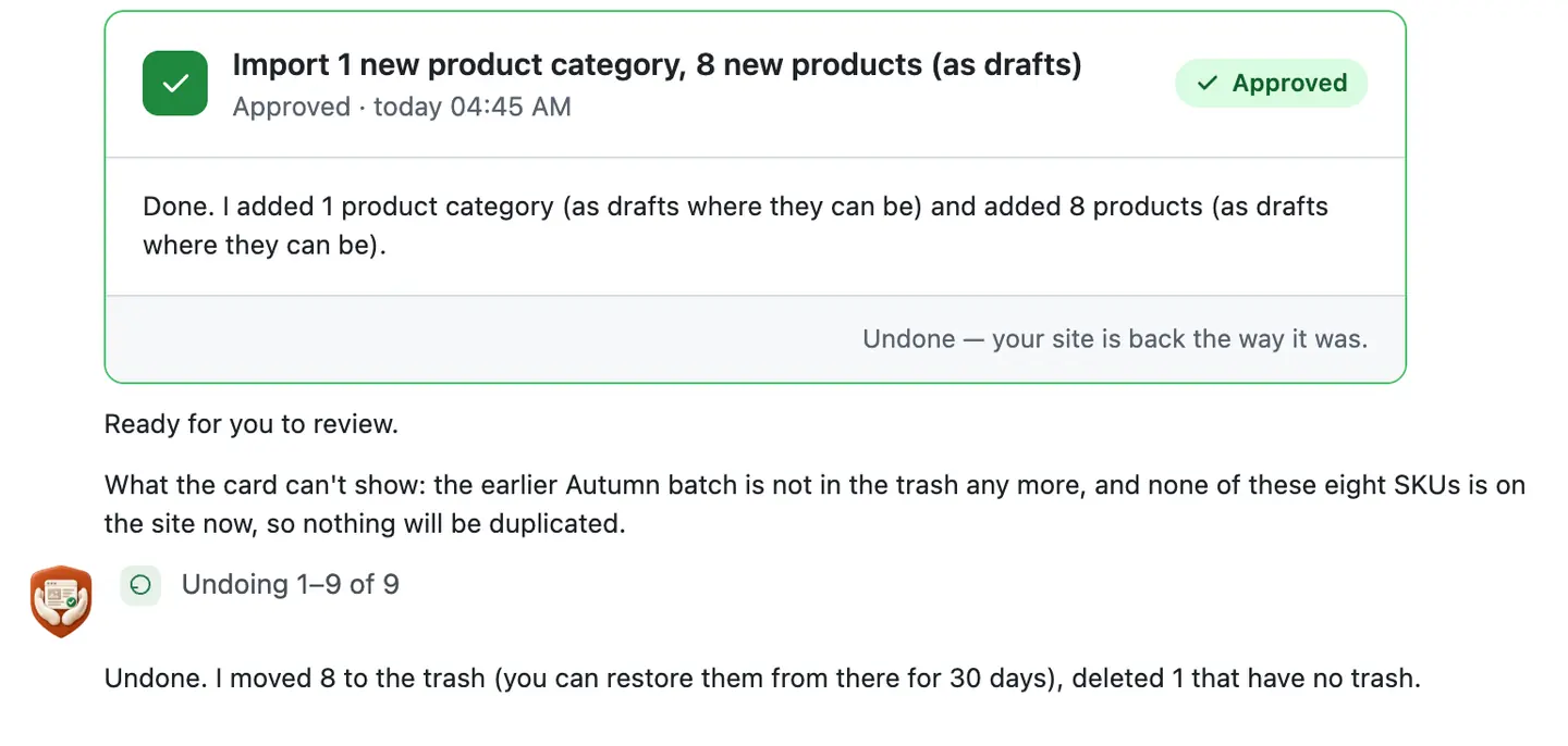 After Undo: the card says the site is back the way it was, and the chat says it moved 8 to the trash