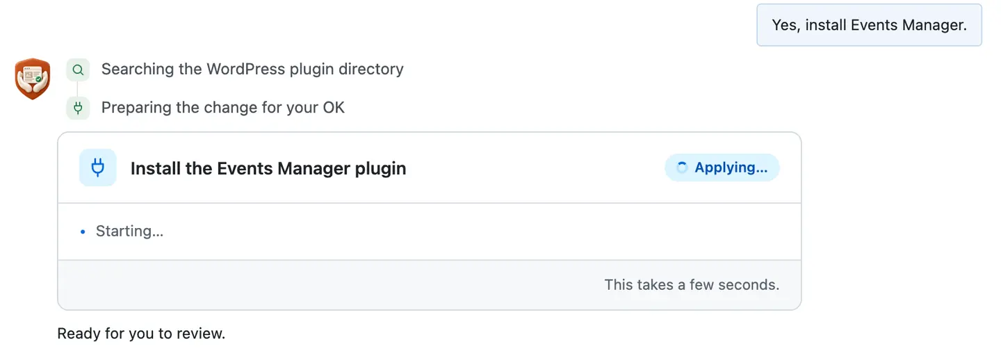 The card after the press: Install the Events Manager plugin, its progress line at Starting…