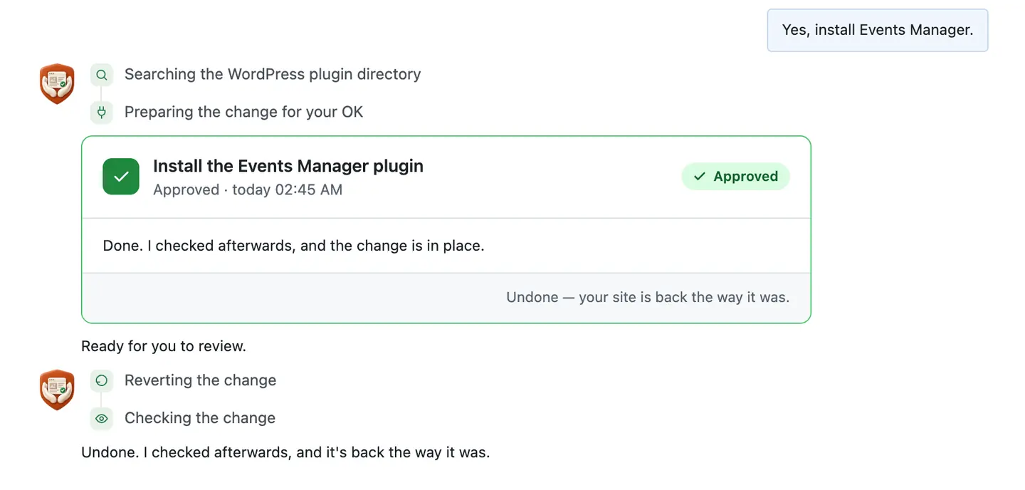 After Undo: Reverting the change, Checking the change, then Undone. I checked afterwards, and it's back the way it was