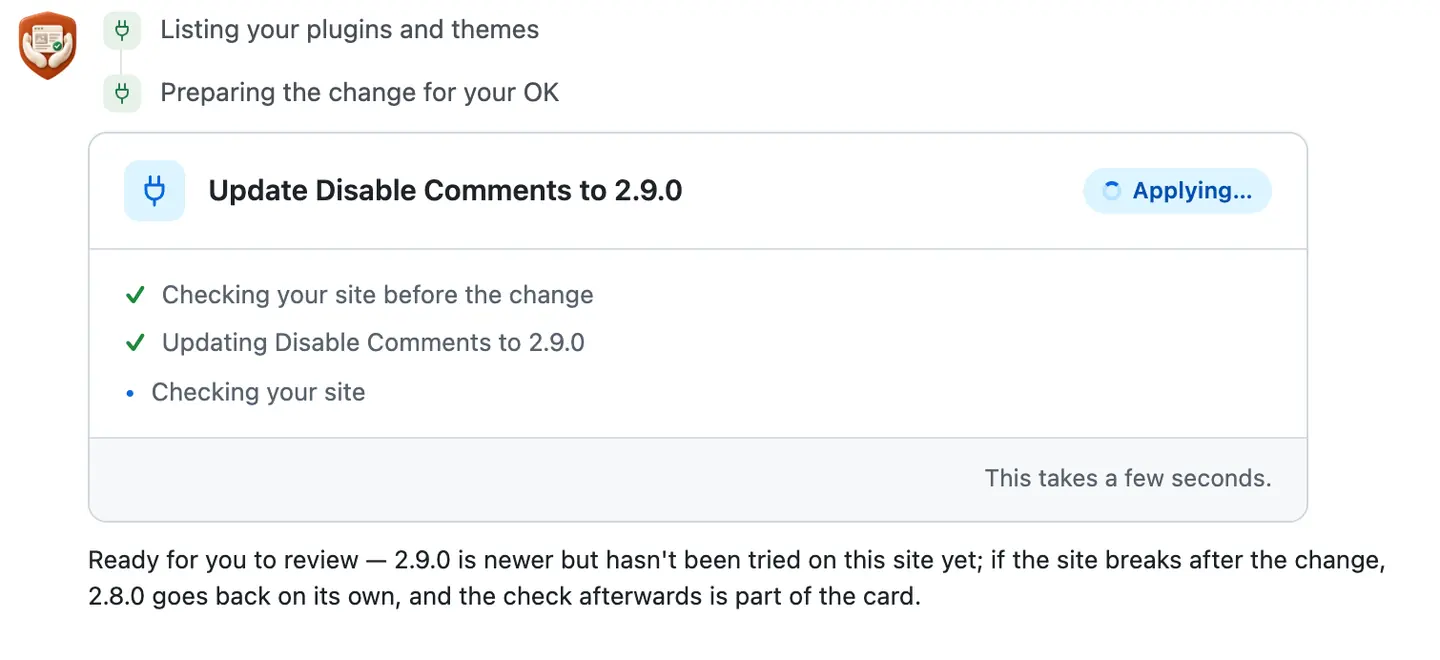 The card after the press, Applying: the check before and the update ticked, Checking your site still running