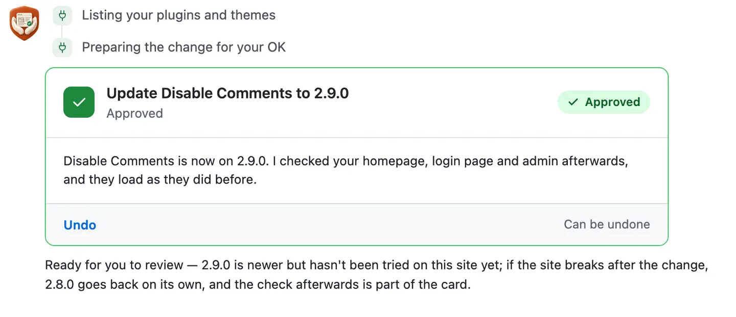 The card in green, Approved: Disable Comments is now on 2.9.0, home, login and admin checked, with an Undo link