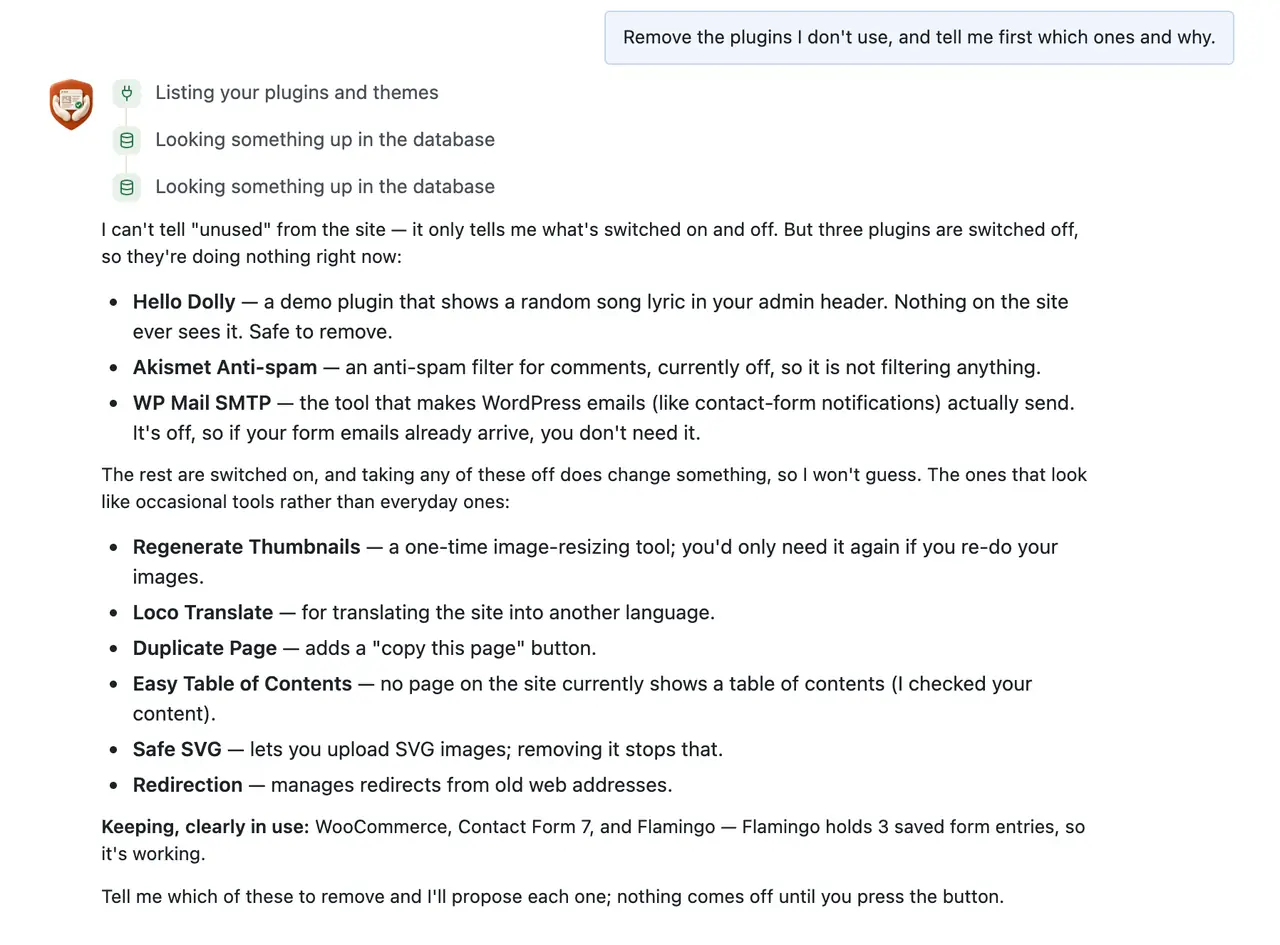 The answer: 3 switched-off plugins with a reason each, 6 switched-on ones it won't guess about, and 3 it keeps