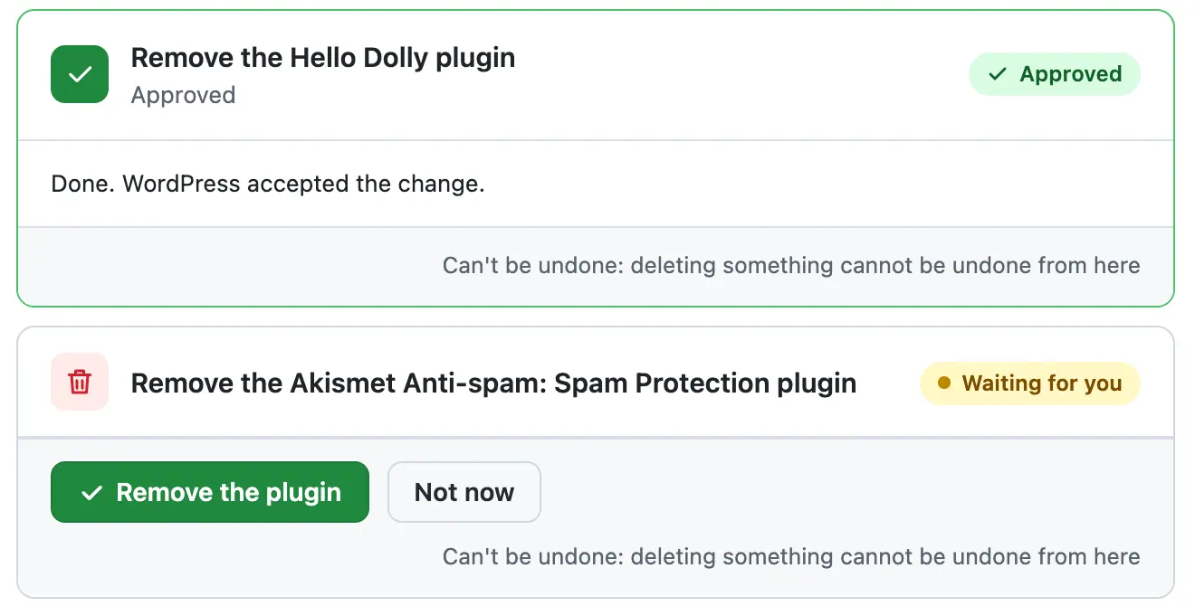 The Hello Dolly card approved and done, the Akismet card below it still waiting for its own press