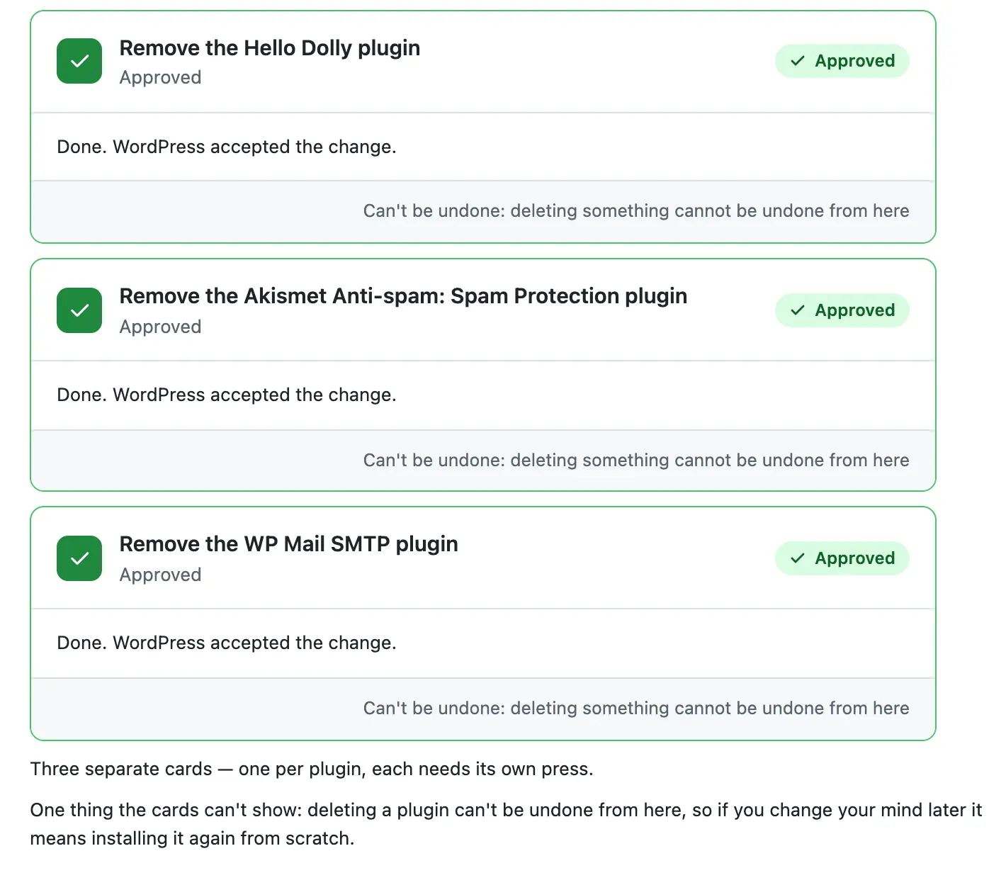 All three cards green and Approved, each saying Done. WordPress accepted the change, each with Can't be undone