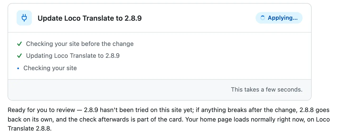 The card after the press: the update to 2.8.9 done, Checking your site still running