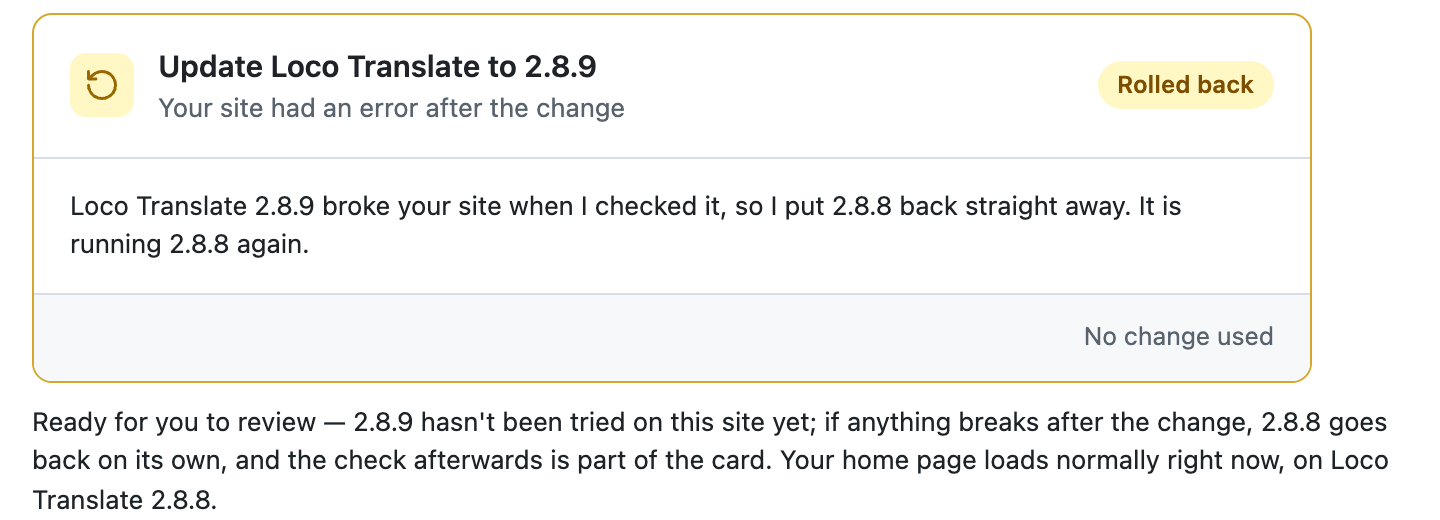 The card in yellow, Rolled back: Loco Translate 2.8.9 broke your site, so I put 2.8.8 back straight away